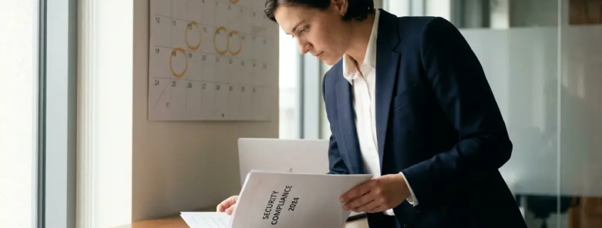 Bedrijfsleider bestudeert beveiligingscompliancemap aan modern bureau, laptop en wandkalender op de achtergrond.