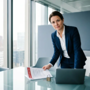 beveiliging-compliance-directeur-kantoor-vergadering.jpg Directeur in maatpak bestudeert beveiligingscompliancedocument aan glazen vergadertafel met laptop en hangslot, modern Nederlands kantoor.