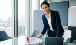 Directeur in maatpak bestudeert beveiligingscompliancedocument aan glazen vergadertafel met laptop en hangslot, modern Nederlands kantoor.