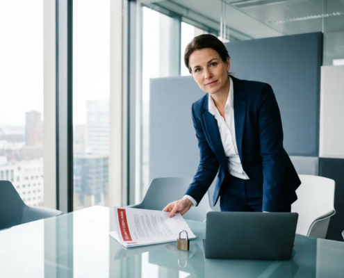 Directeur in maatpak bestudeert beveiligingscompliancedocument aan glazen vergadertafel met laptop en hangslot, modern Nederlands kantoor.