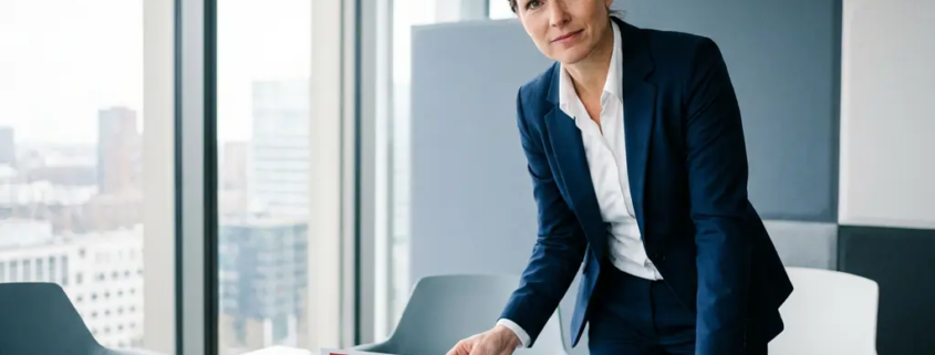 Directeur in maatpak bestudeert beveiligingscompliancedocument aan glazen vergadertafel met laptop en hangslot, modern Nederlands kantoor.