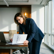 beveiligingsbeleid-executive-compliance-kantoor.jpg Zakenman in maatpak bestudeert beveiligingscompliancedocument aan moderne vergadertafel in licht kantoor.
