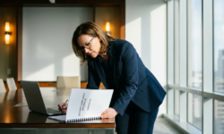 Zakenman in maatpak bestudeert beveiligingscompliancedocument aan moderne vergadertafel in licht kantoor.