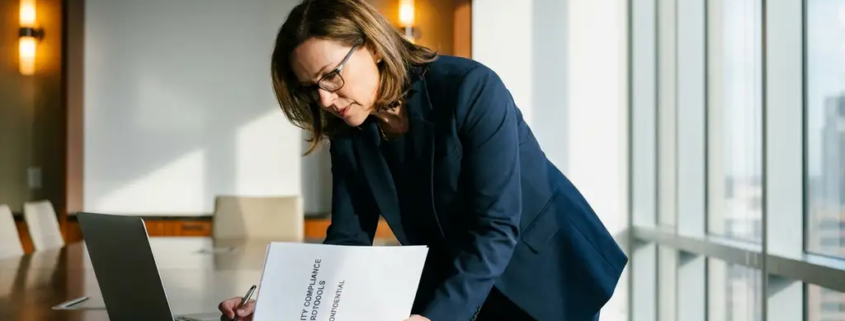 Zakenman in maatpak bestudeert beveiligingscompliancedocument aan moderne vergadertafel in licht kantoor.