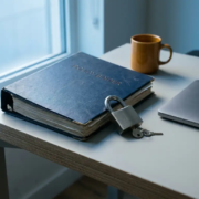 Dik beleidsboek en hangslot op modern kantoorbureau naast laptop, zacht blauw licht op witte oppervlakken.