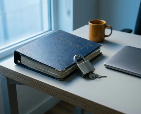 Dik beleidsboek en hangslot op modern kantoorbureau naast laptop, zacht blauw licht op witte oppervlakken.