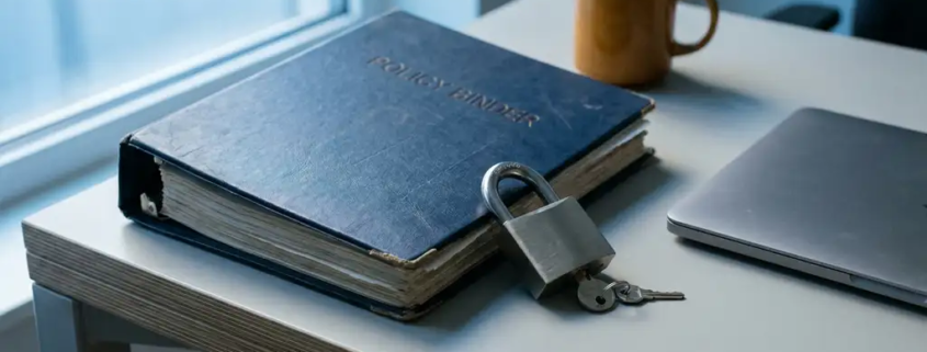 Dik beleidsboek en hangslot op modern kantoorbureau naast laptop, zacht blauw licht op witte oppervlakken.