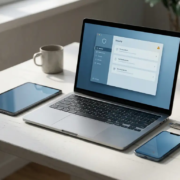 Laptop met beveiligingsdashboard op wit bureau, omringd door tablet, smartphone en USB-dongle met oranje waarschuwingsindicator.