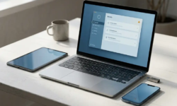 Laptop met beveiligingsdashboard op wit bureau, omringd door tablet, smartphone en USB-dongle met oranje waarschuwingsindicator.