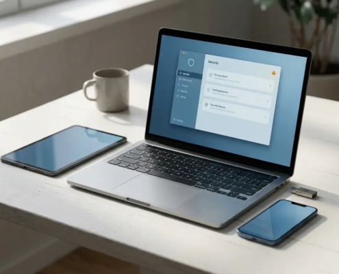 Laptop met beveiligingsdashboard op wit bureau, omringd door tablet, smartphone en USB-dongle met oranje waarschuwingsindicator.