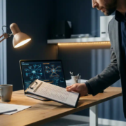 beveiligingsprofessional-checklist-netwerk-laptop.jpg Beveiligingsprofessional controleert netwerkdiagram-checklist op klembord naast laptop in modern kantoor met amber verlichting.