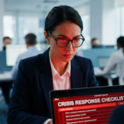 beveiligingsprofessional-crisisrespons-laptop-kantoor.jpg IT-beveiligingsprofessional bekijkt crisisrespons-checklist op laptop, rood alarmlicht op gezicht, collega's op achtergrond.