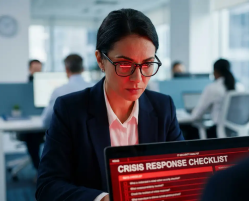 IT-beveiligingsprofessional bekijkt crisisrespons-checklist op laptop, rood alarmlicht op gezicht, collega's op achtergrond.