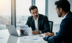 Directeur in maatpak bespreekt beveiligingsrisicorapport met IT-professional aan moderne vergadertafel in licht kantoor.