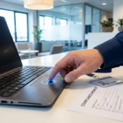 Hand die een gloeiende blauwe bevestigingsknop op een laptop indrukt, naast een compliance-checklist en beveiligingsbadge op een wit bureau.
