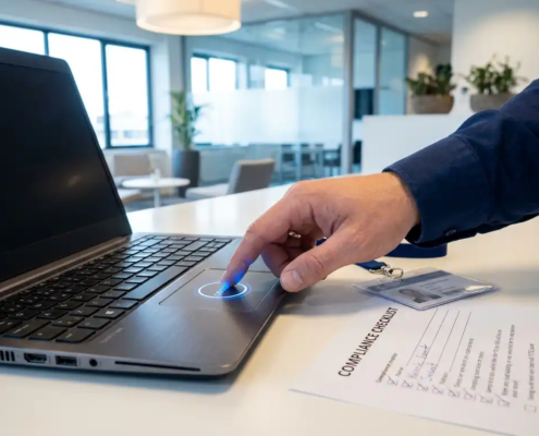 Hand die een gloeiende blauwe bevestigingsknop op een laptop indrukt, naast een compliance-checklist en beveiligingsbadge op een wit bureau.