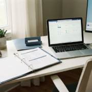 Zakelijk bureau met open checklist-ringband, laptop met dashboard en Microsoft Teams-melding op tweede monitor, kantoorplant op de achtergrond.
