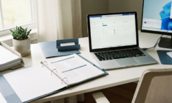 Zakelijk bureau met open checklist-ringband, laptop met dashboard en Microsoft Teams-melding op tweede monitor, kantoorplant op de achtergrond.