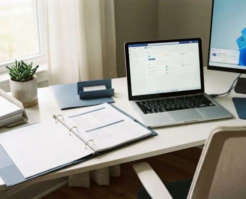 Zakelijk bureau met open checklist-ringband, laptop met dashboard en Microsoft Teams-melding op tweede monitor, kantoorplant op de achtergrond.