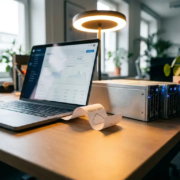 Modern bureau met laptop naast weggeschoven serverhardware en wolkvormig bonnetje dat cloudmigratie en kostenreductie symboliseert.