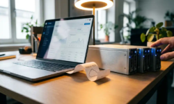Modern bureau met laptop naast weggeschoven serverhardware en wolkvormig bonnetje dat cloudmigratie en kostenreductie symboliseert.