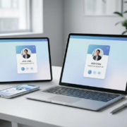 Smartphone, laptop en tablet op wit bureau tonen hetzelfde contactkaartje in een Microsoft 365-werkomgeving.