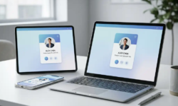 Smartphone, laptop en tablet op wit bureau tonen hetzelfde contactkaartje in een Microsoft 365-werkomgeving.