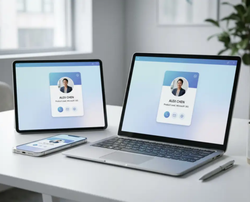 Smartphone, laptop en tablet op wit bureau tonen hetzelfde contactkaartje in een Microsoft 365-werkomgeving.