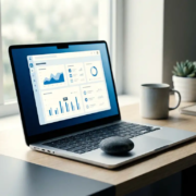 crm-dashboard-laptop-rustige-werkplek.jpg Laptop met CRM-dashboard op modern bureau, met een gladde riviersteen op het toetsenbord in zacht natuurlijk licht.