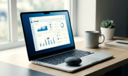 Laptop met CRM-dashboard op modern bureau, met een gladde riviersteen op het toetsenbord in zacht natuurlijk licht.