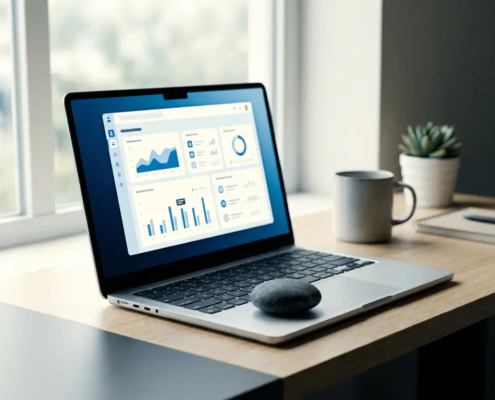 Laptop met CRM-dashboard op modern bureau, met een gladde riviersteen op het toetsenbord in zacht natuurlijk licht.