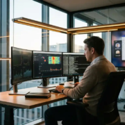 Cybersecurityanalist in glazen kantoor bewaakt meerdere schermen met netwerkactiviteit-dashboards, blauw en amber licht.