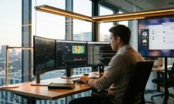 Cybersecurityanalist in glazen kantoor bewaakt meerdere schermen met netwerkactiviteit-dashboards, blauw en amber licht.