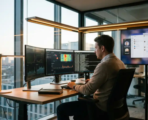 Cybersecurityanalist in glazen kantoor bewaakt meerdere schermen met netwerkactiviteit-dashboards, blauw en amber licht.