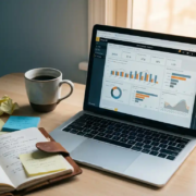 powerbi-dashboard-laptop-kantoor-tools.jpg Power BI-dashboard op laptop naast notitieboek, sticky notes en koffiemok op modern bureau in zacht natuurlijk licht.