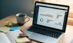 Power BI-dashboard op laptop naast notitieboek, sticky notes en koffiemok op modern bureau in zacht natuurlijk licht.