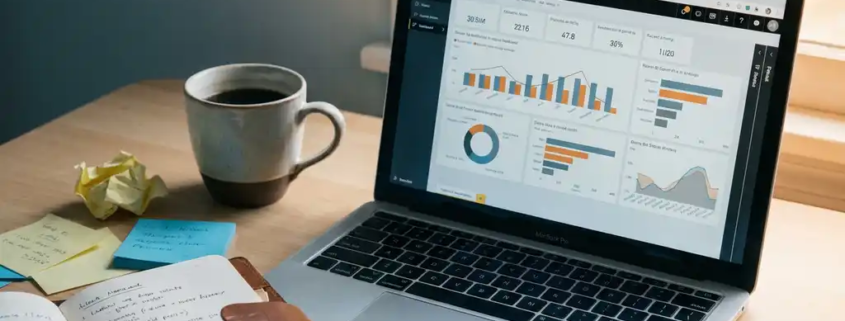 Power BI-dashboard op laptop naast notitieboek, sticky notes en koffiemok op modern bureau in zacht natuurlijk licht.