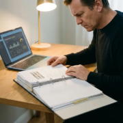 naleving-overheid-document-mkb-ondernemer.jpg Ondernemer bestudeert dik nalevingsdocument aan modern bureau met laptop waarop beveiligingsdashboard zichtbaar is.