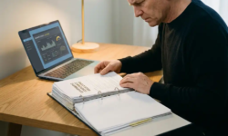 Ondernemer bestudeert dik nalevingsdocument aan modern bureau met laptop waarop beveiligingsdashboard zichtbaar is.