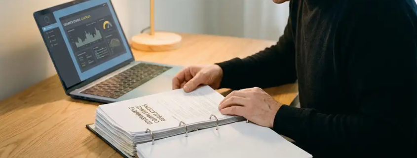 Ondernemer bestudeert dik nalevingsdocument aan modern bureau met laptop waarop beveiligingsdashboard zichtbaar is.
