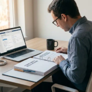 Ondernemer bestudeert nauwkeurig een compliance document aan modern bureau met Microsoft 365 op laptop, natuurlijk zijlicht.