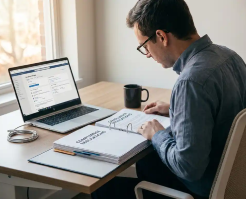 Ondernemer bestudeert nauwkeurig een compliance document aan modern bureau met Microsoft 365 op laptop, natuurlijk zijlicht.