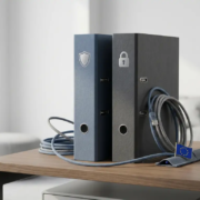 Twee officiële ordners op een modern bureau met een EU-vlagspeld en netwerkkabels, symboliserend digitale regelgeving en cybersecurity.