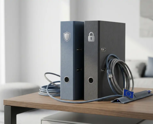 Twee officiële ordners op een modern bureau met een EU-vlagspeld en netwerkkabels, symboliserend digitale regelgeving en cybersecurity.