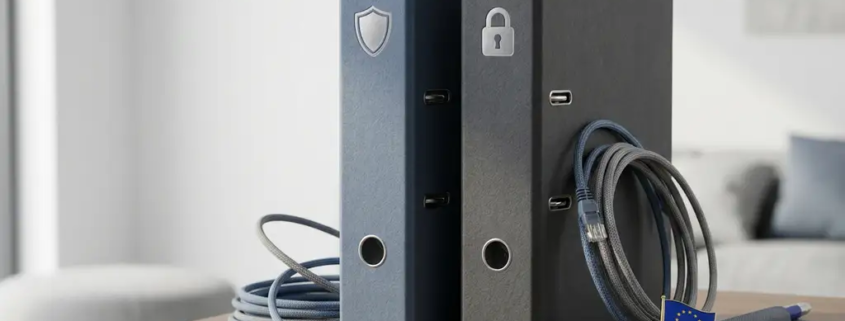 Twee officiële ordners op een modern bureau met een EU-vlagspeld en netwerkkabels, symboliserend digitale regelgeving en cybersecurity.