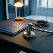 eu-regelgeving-digitale-infrastructuur-gavel.jpg Stalen rechtershamer op modern bureau naast EU-regelgevingsdocument met netwerkkabel, zakelijke ICT-omgeving.