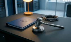 Stalen rechtershamer op modern bureau naast EU-regelgevingsdocument met netwerkkabel, zakelijke ICT-omgeving.
