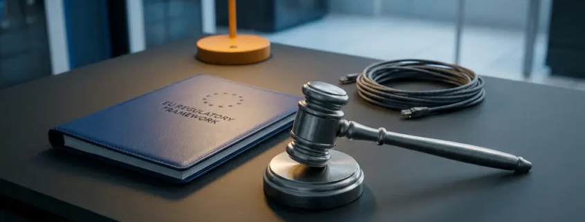 Stalen rechtershamer op modern bureau naast EU-regelgevingsdocument met netwerkkabel, zakelijke ICT-omgeving.