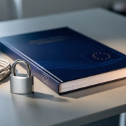 eu-regelgeving-beveiliging-netwerk-document.jpg Dik EU-juridisch document op modern bureau naast een hangslot en netwerkkabel, symboliseert digitale regelgeving en cybersecurity.