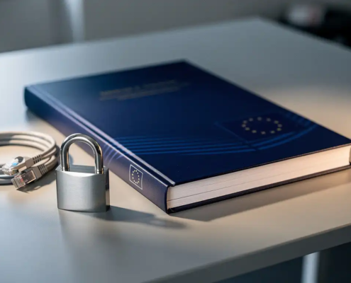 Dik EU-juridisch document op modern bureau naast een hangslot en netwerkkabel, symboliseert digitale regelgeving en cybersecurity.